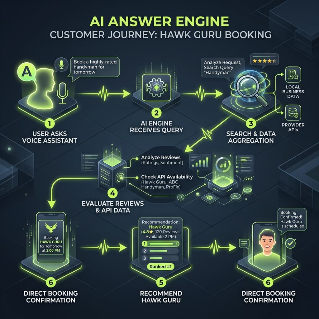 AI answer engine customer journey flowchart with Hawk Guru booking automation