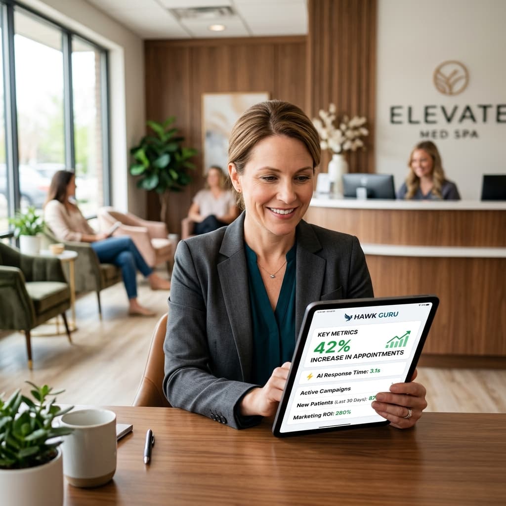 Local business owner reviewing Hawk Guru dashboard