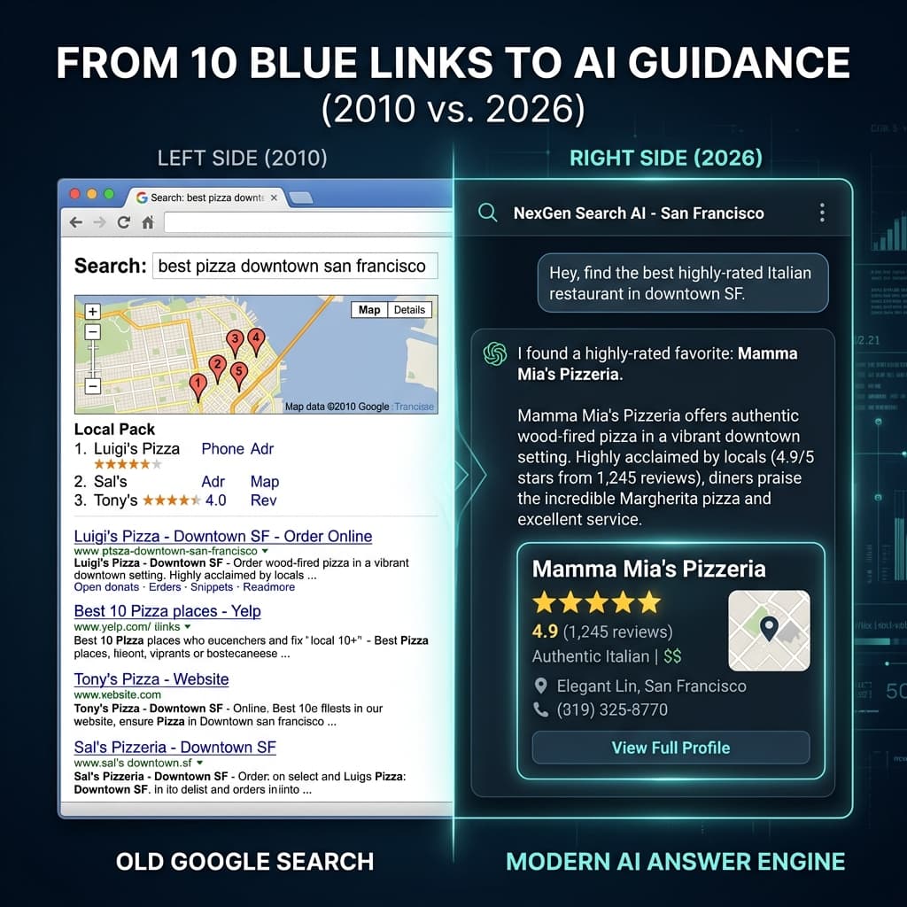 Split-screen showing old fragmented local search vs. AI answer engine recommendation