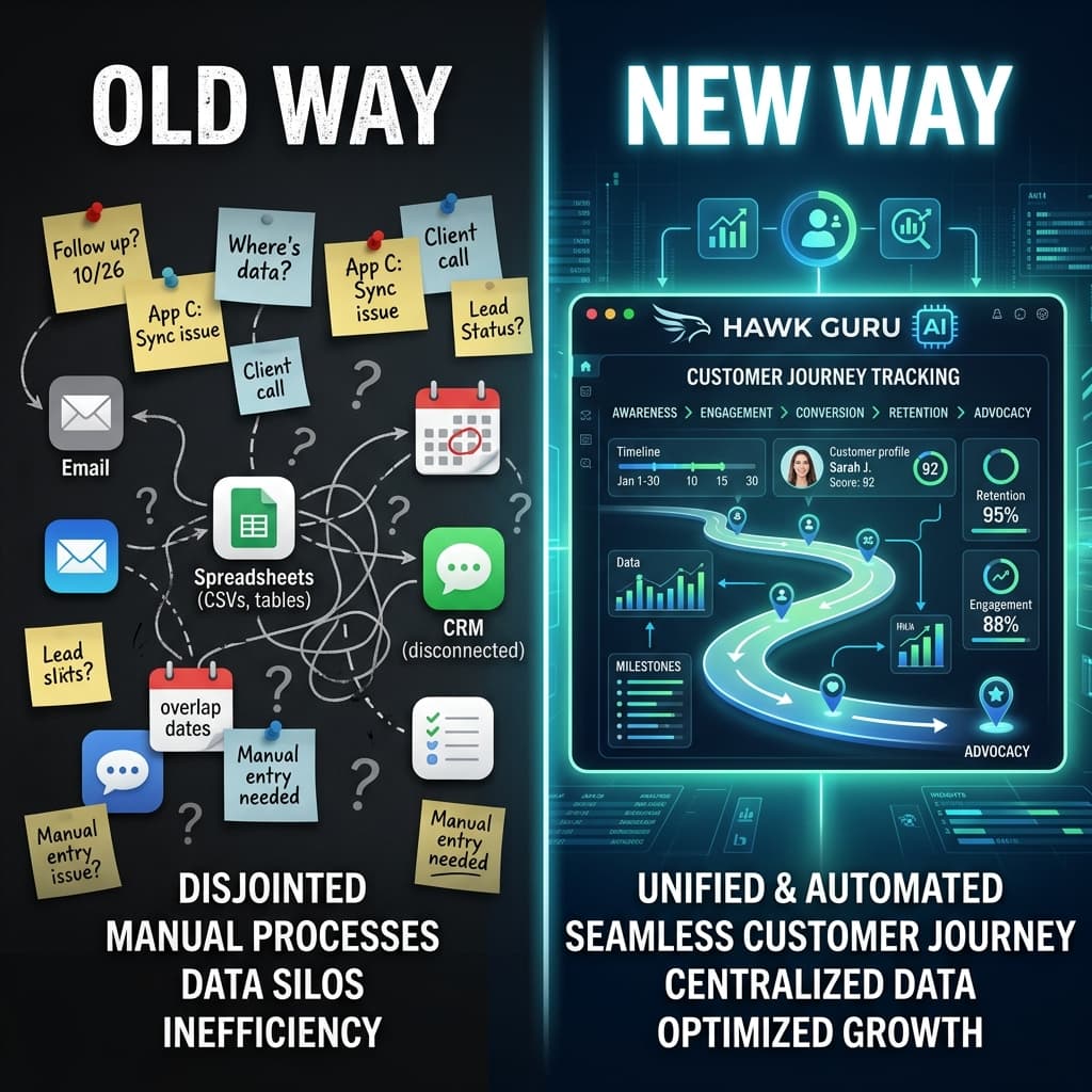 Split comparison of fragmented tools vs. unified AI dashboard