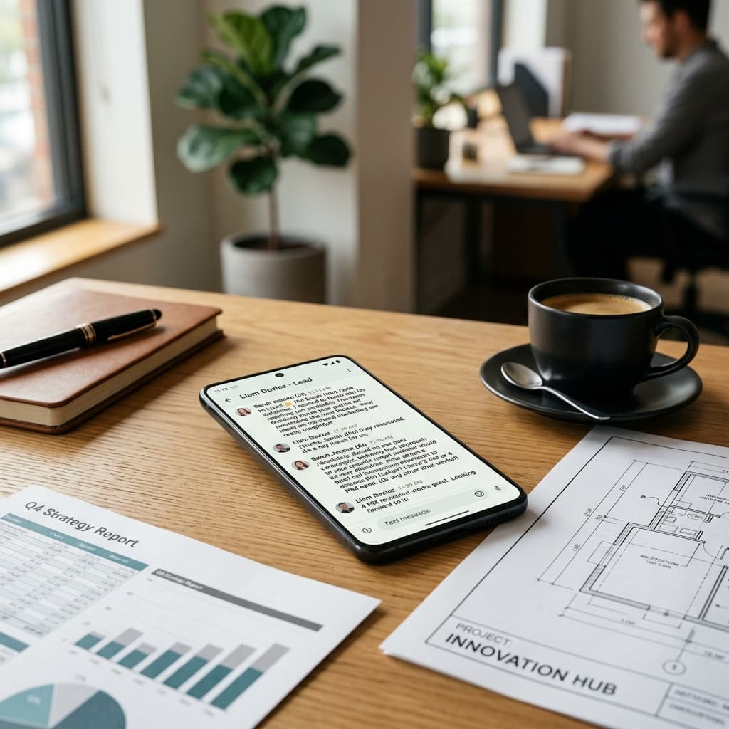 Smart device showing AI text conversation on an office desk