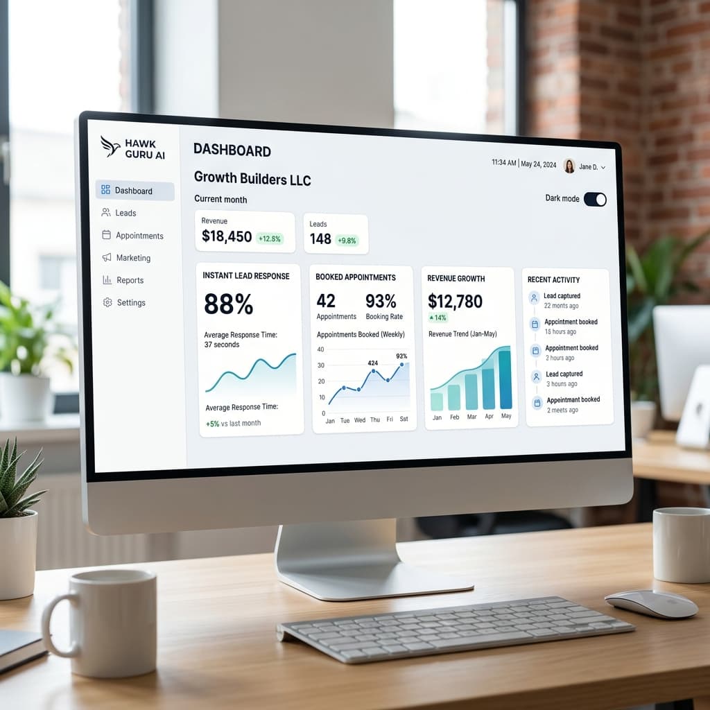 Hawk Guru AI dashboard showing small business growth metrics