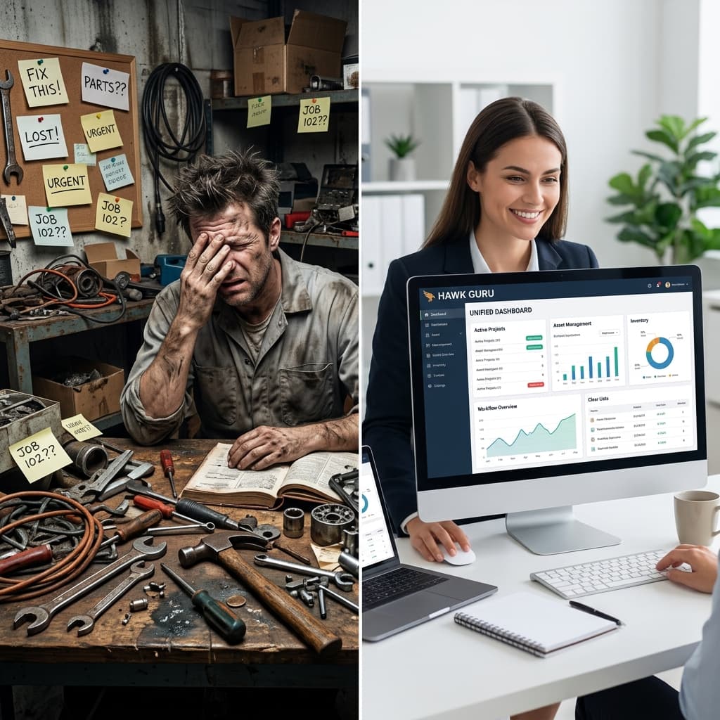 Split-screen comparison of old fragmented tools vs. Hawk Guru unified dashboard